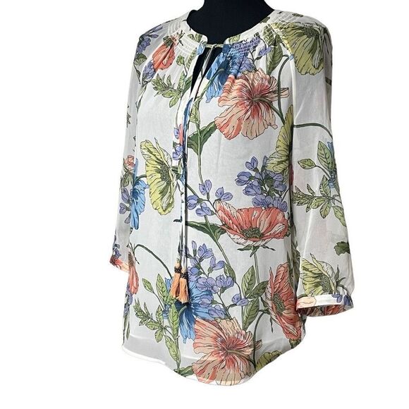 Daniel Rainn Semi-Sheer White Floral Notch Neck Top N0476 - Picture 1 of 7